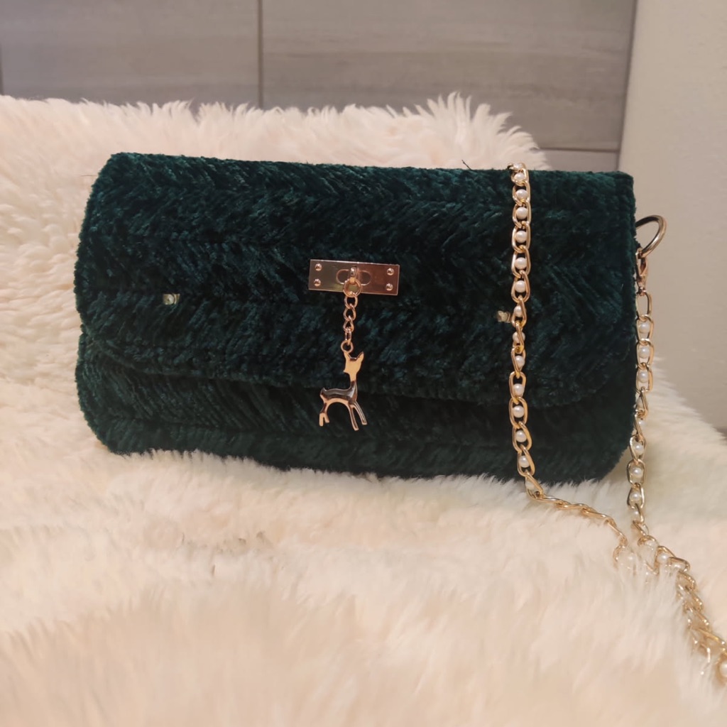 Handmade Bag Elegant Green Velvet Clutch With Gold Chain As Christmas Gift
